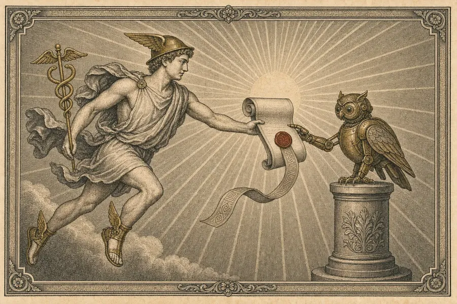 Engraving of Hermes handing the PalatineAI skill scroll to a mechanical owl